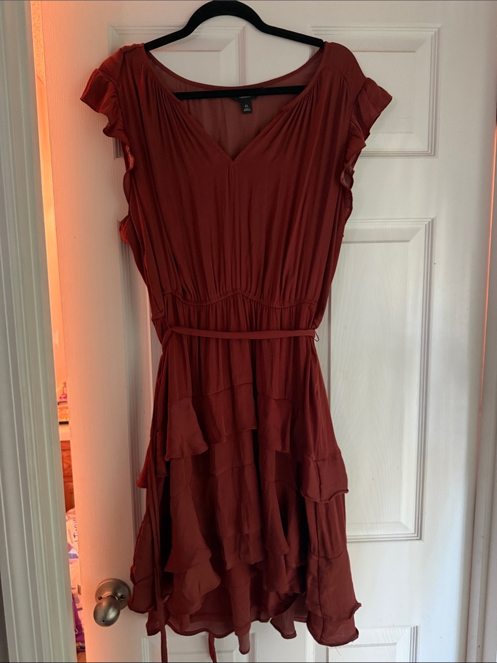 Vera Wang Rust Red Ruffled High-Low V-Neck Dress